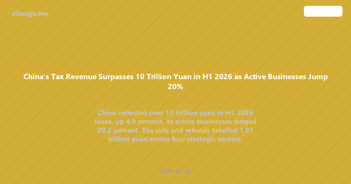 China's Tax Revenue Surpasses 10 Trillion Yuan in H1 2026 as Active Businesses Jump 20%