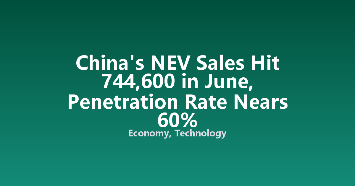 China's NEV Sales Hit 744,600 in June, Penetration Rate Nears 60%