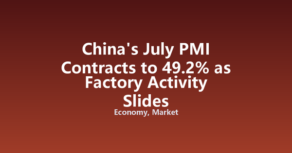 China's July PMI Contracts to 49.2% as Factory Activity Slides